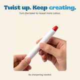 Hands holding the white crayon body and twisting the base beneath its red colouring tip.