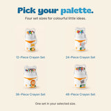 The 12, 24, 36 and 48-piece crayon sets shown as separate choices in their giraffe, elephant, lion and cat carrying tubs.