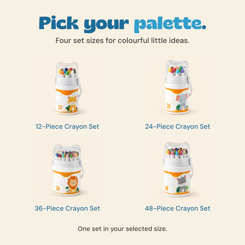 The 12, 24, 36 and 48-piece crayon sets shown as separate choices in their giraffe, elephant, lion and cat carrying tubs.