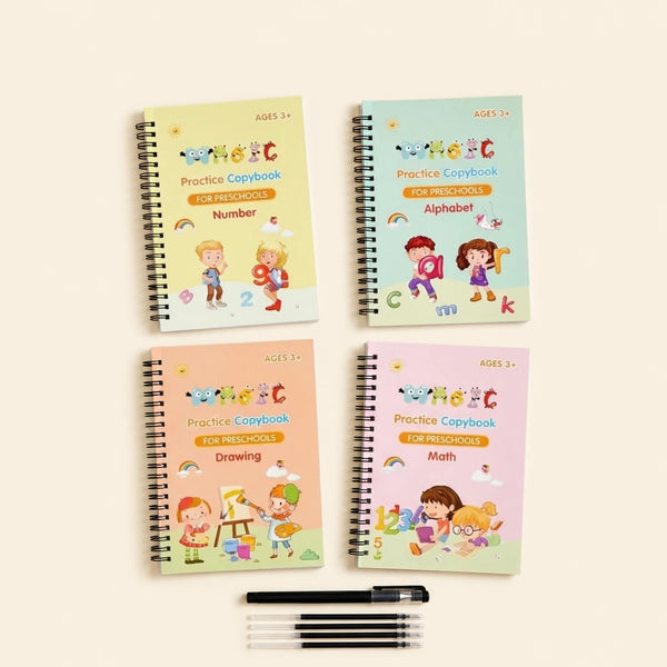 Four original illustrated spiral-bound practice books for numbers, alphabet, drawing and maths, with the pictured black writing pen and refills on warm beige.