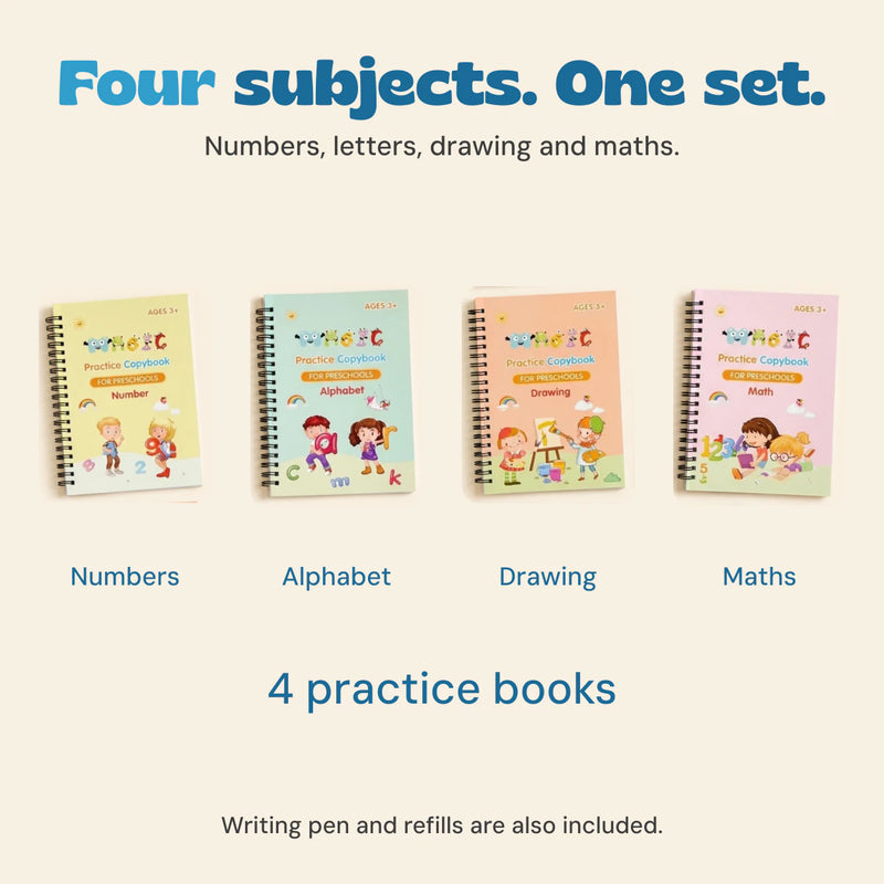Four original book covers labelled Numbers, Alphabet, Drawing and Maths. The set includes four practice books, a writing pen and refills.