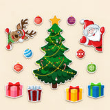 Christmas tree, Santa, reindeer, colourful baubles and gift magnets arranged on a light warm beige background.
