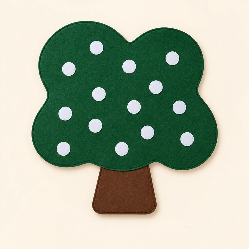 Tree Board Only showing the felt board, white fastening dots and complete silhouette on warm beige. Food pieces are not included in this option.