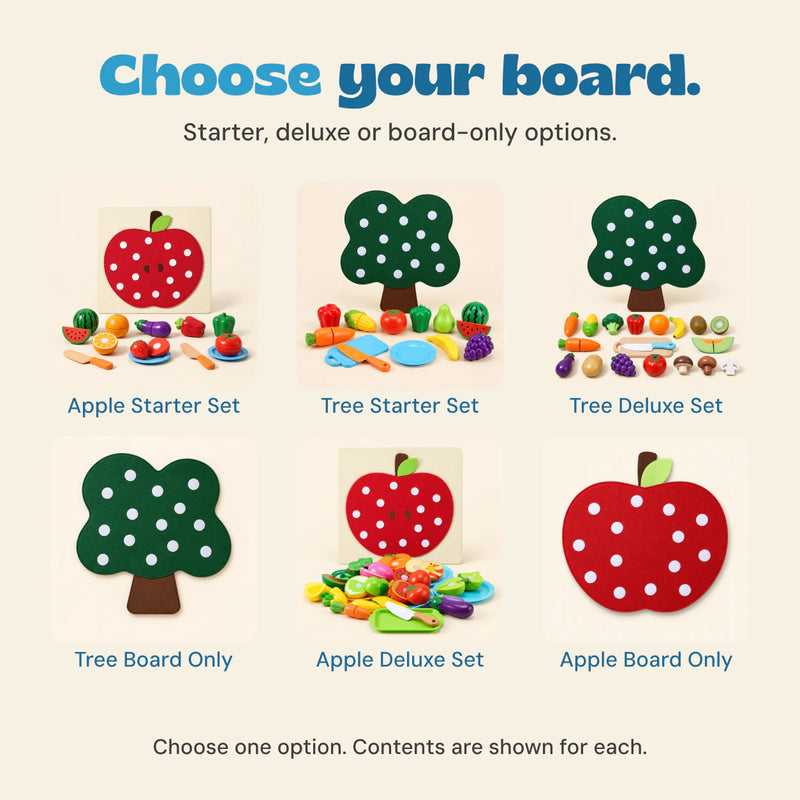 Six separate board choices with their individual pictured contents: Apple Starter Set, Tree Starter Set, Tree Deluxe Set, Tree Board Only, Apple Deluxe Set and Apple Board Only.