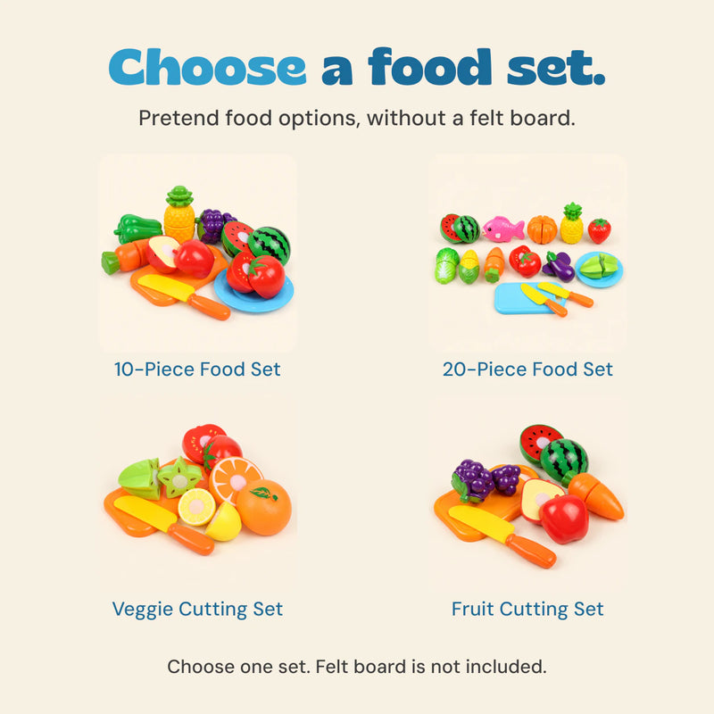 Four separate food-only choices with their pictured components: 10-Piece Food Set, 20-Piece Food Set, Veggie Cutting Set and Fruit Cutting Set. No felt board is included.