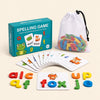 Teal spelling game box, mesh storage bag, actual picture cards and colourful lowercase letters arranged on warm beige.