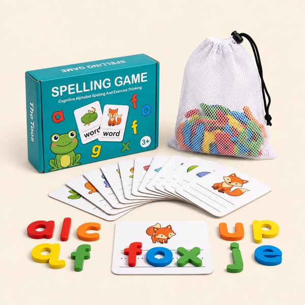 Teal spelling game box, mesh storage bag, actual picture cards and colourful lowercase letters arranged on warm beige.