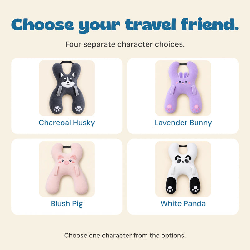 The four HugRide choices: Charcoal Husky, Lavender Bunny, Blush Pig and White Panda.