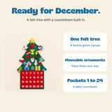 The complete felt countdown tree with three labels: green felt tree, moveable ornaments and pockets numbered 1 to 24.