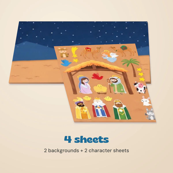Nativity sticker mini pack containing 2 background sheets and 2 character sheets, arranged on a warm beige background.