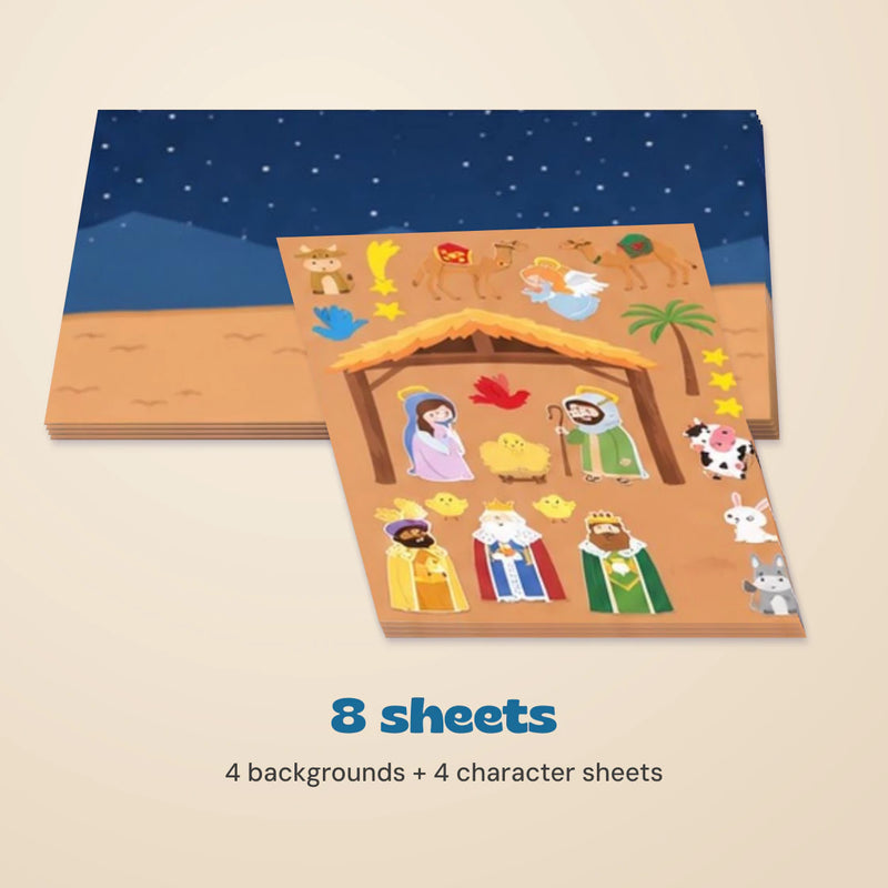Nativity sticker activity pack containing 4 background sheets and 4 character sheets, arranged on a warm beige background.