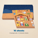 Nativity sticker group pack containing 8 background sheets and 8 character sheets, arranged on a warm beige background.