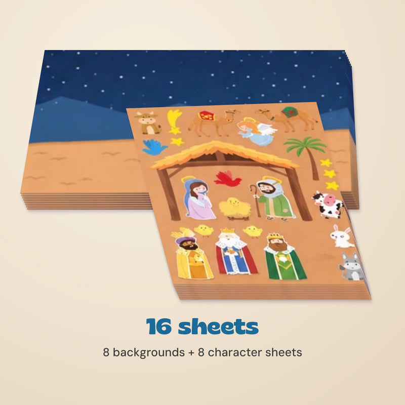 Nativity sticker group pack containing 8 background sheets and 8 character sheets, arranged on a warm beige background.
