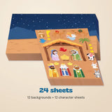 Nativity sticker classroom pack containing 12 background sheets and 12 character sheets, arranged on a warm beige background.
