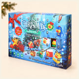 Winter Blue Calendar box on warm beige with a subtle evergreen corner and its original printed Christmas artwork.