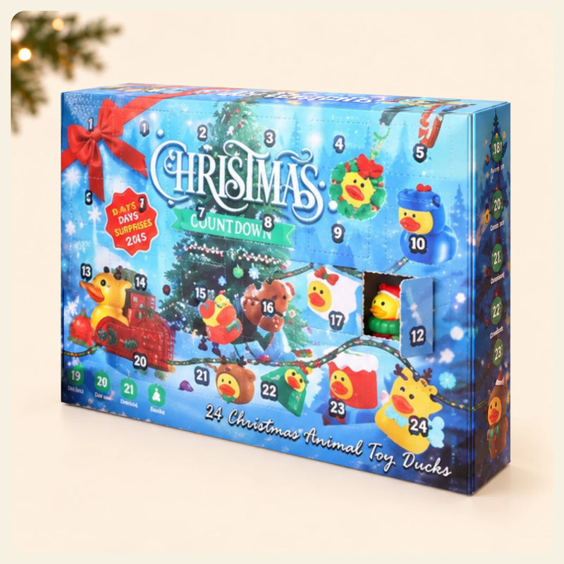 Winter Blue Calendar box on warm beige with a subtle evergreen corner and its original printed Christmas artwork.