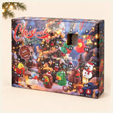 Festive Red Calendar box on warm beige with a subtle evergreen corner and its original printed Christmas artwork.
