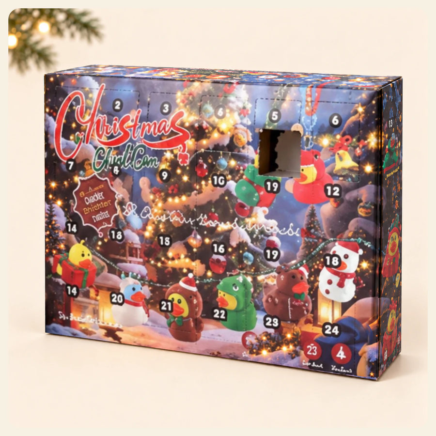 Festive Red Calendar box on warm beige with a subtle evergreen corner and its original printed Christmas artwork.