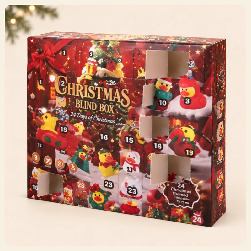 Classic Red Christmas Calendar box on warm beige with a subtle evergreen corner and its original printed Christmas artwork.
