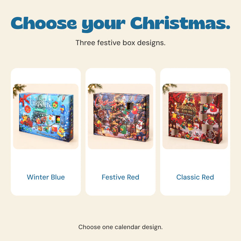 Winter Blue, Festive Red and Classic Red calendar boxes shown as separate product choices.
