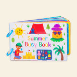 Original Summer Busy Book cover with sun, tent, pineapple, beach illustrations and blue binding rings on warm beige.