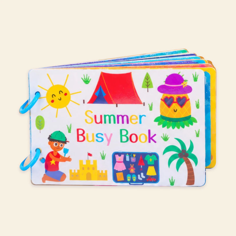 Original Summer Busy Book cover with sun, tent, pineapple, beach illustrations and blue binding rings on warm beige.