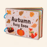 Autumn Busy Book cover with leaves, hedgehog, pumpkin and fox on warm beige.