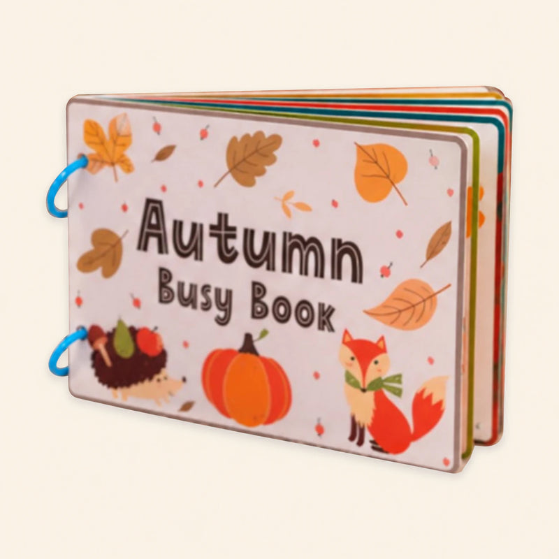 Autumn Busy Book cover with leaves, hedgehog, pumpkin and fox on warm beige.
