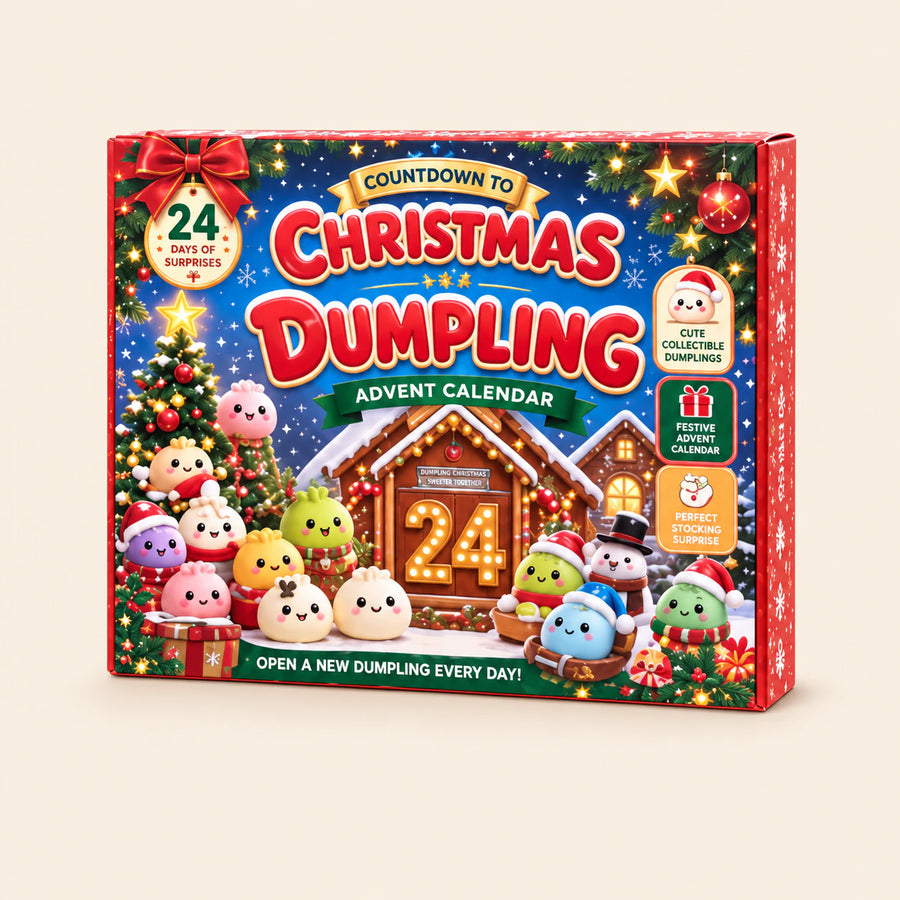 Holiday Market Calendar illustrated Christmas dumpling calendar box on a warm beige background.