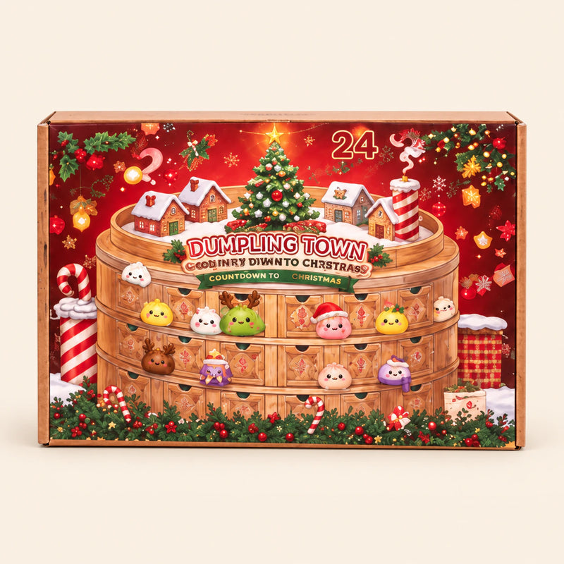 Santa Dumpling Calendar illustrated Christmas dumpling calendar box on a warm beige background.