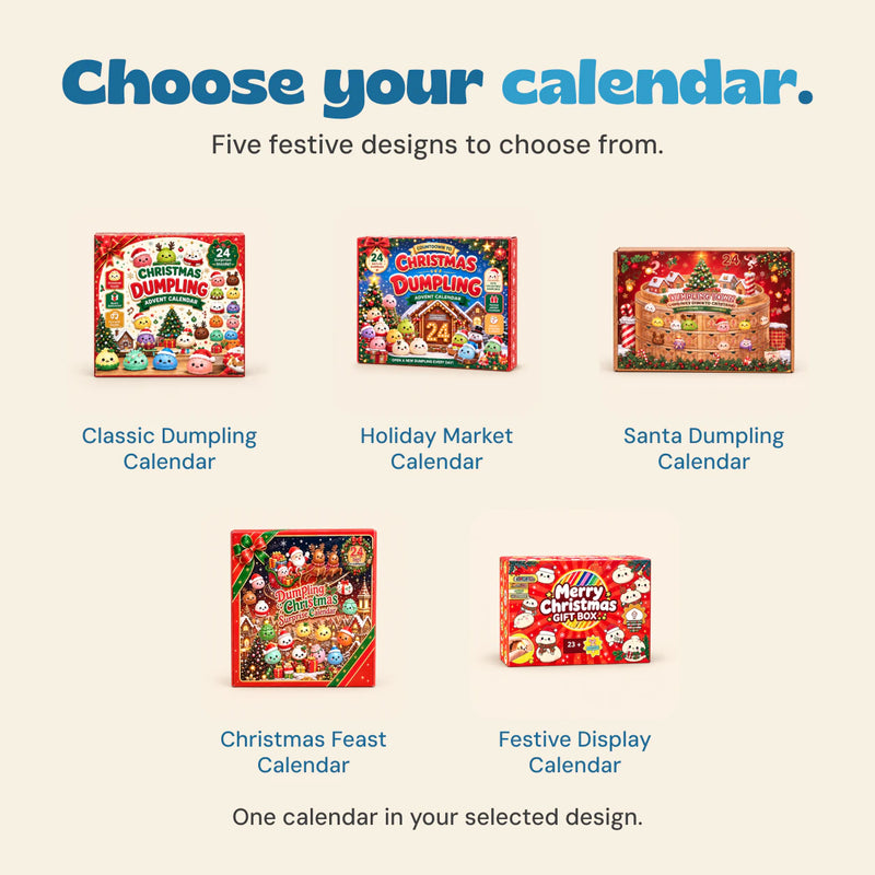 Five Christmas dumpling calendar box designs displayed as separate choices, with one selected calendar per order.
