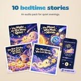 Ten-story bedtime audio pack shown with the four original illustrated story covers and an audio player, on warm beige.