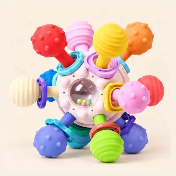 Multicolour Sensory Ball shown clearly on a smooth warm beige background.