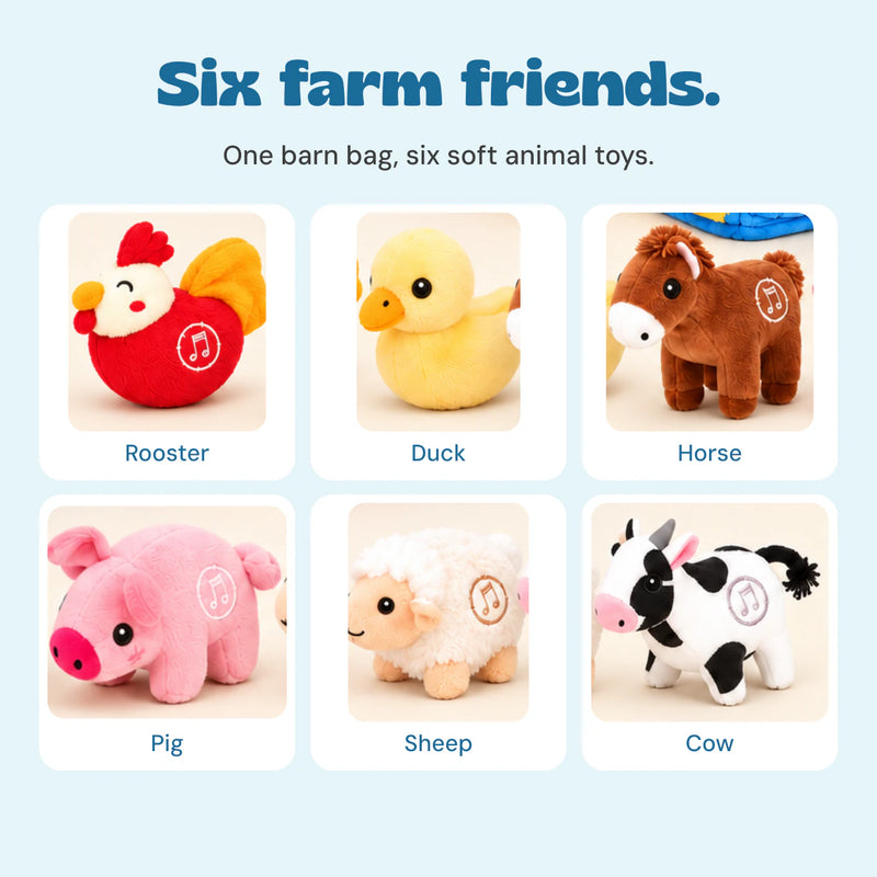 The six included farm animals: rooster, duck, horse, pig, sheep and cow.