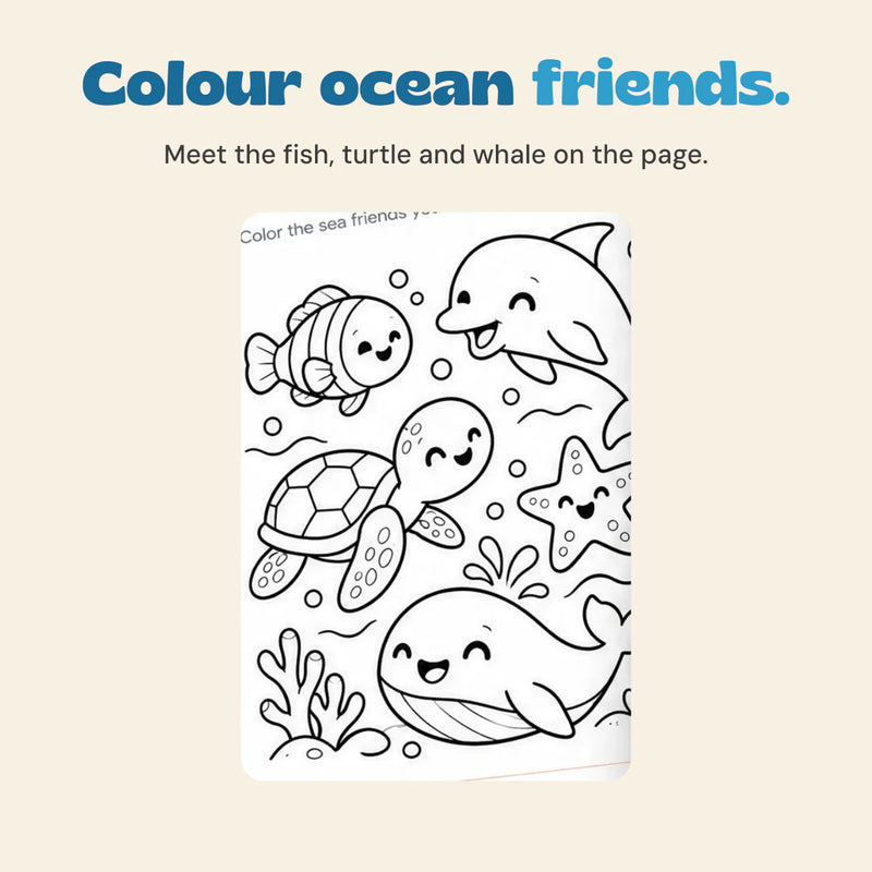 Colour ocean friends. Meet the fish, turtle and whale on the page. Original printed artwork shown in close-up.