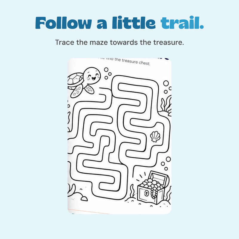 Follow a little trail. Trace the maze towards the treasure. Original printed artwork shown in close-up.