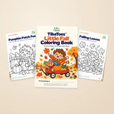 The actual Little Fall Coloring Book cover and two visible activity-page previews on a warm beige background.