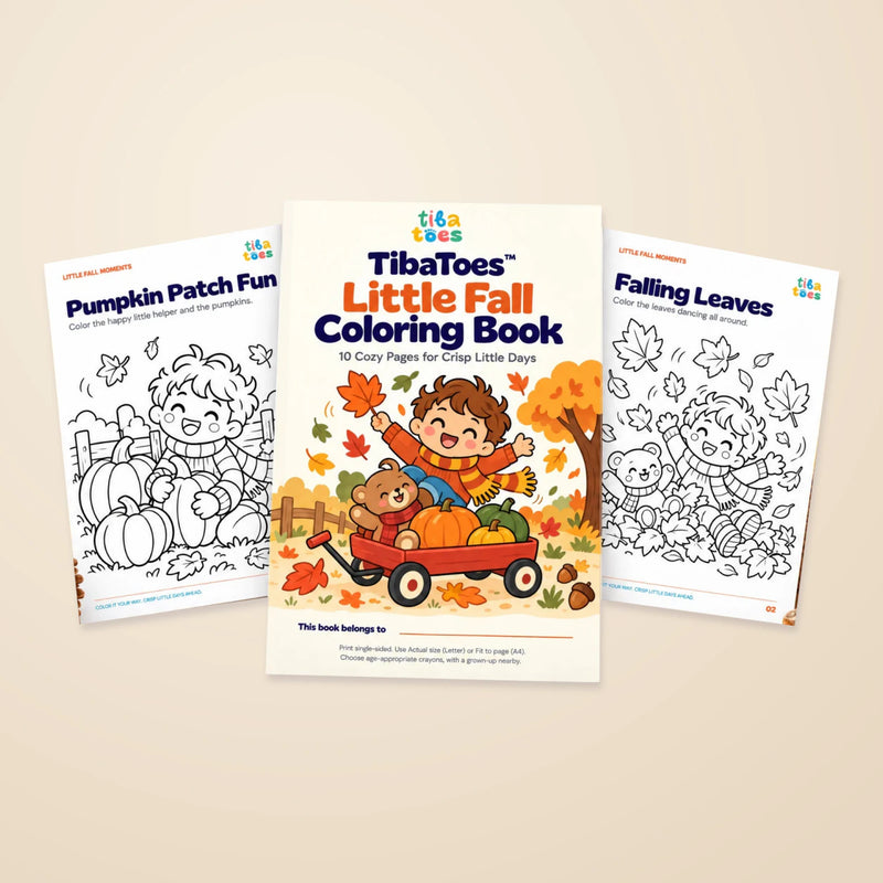 The actual Little Fall Coloring Book cover and two visible activity-page previews on a warm beige background.