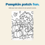 Pumpkin patch fun. Add your own colours to an autumn scene. Original printed artwork shown in close-up.