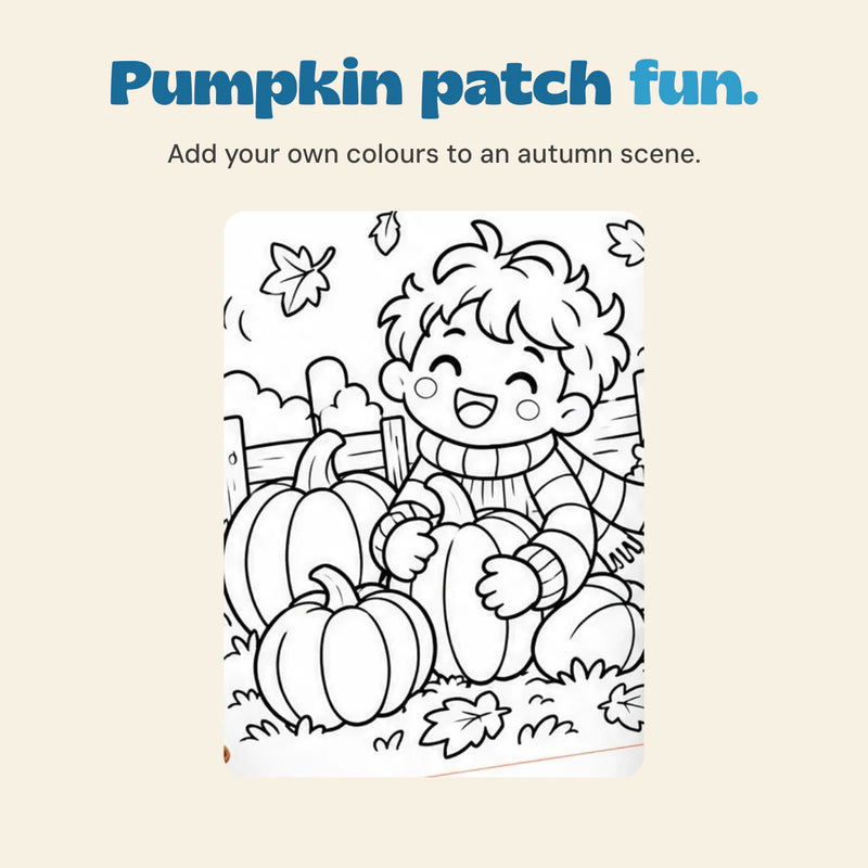 Pumpkin patch fun. Add your own colours to an autumn scene. Original printed artwork shown in close-up.