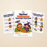 The actual Halloween Scavenger Hunt Pack cover and two visible activity-page previews on a warm beige background.