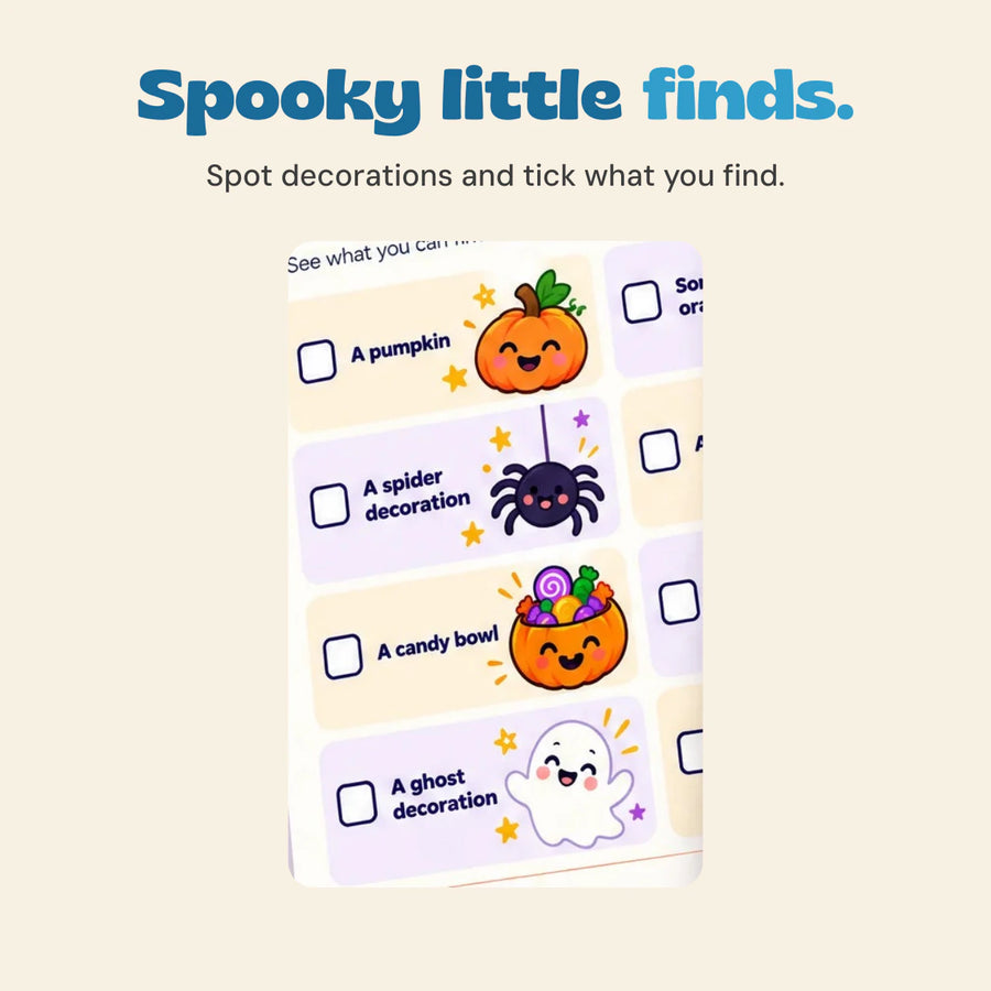 Spooky little finds. Spot decorations and tick what you find. Original printed artwork shown in close-up.
