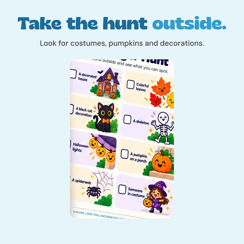 Take the hunt outside. Look for costumes, pumpkins and decorations. Original printed artwork shown in close-up.