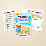 The actual Beach Day Scavenger Hunt Pack cover and two visible activity-page previews on a warm beige background.