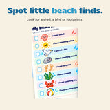 Spot little beach finds. Look for a shell, a bird or footprints. Original printed artwork shown in close-up.