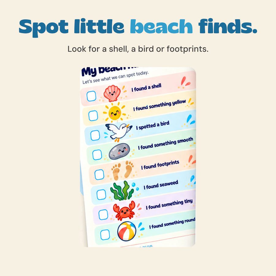 Spot little beach finds. Look for a shell, a bird or footprints. Original printed artwork shown in close-up.