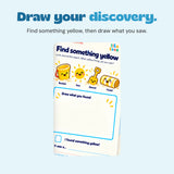 Draw your discovery. Find something yellow, then draw what you saw. Original printed artwork shown in close-up.