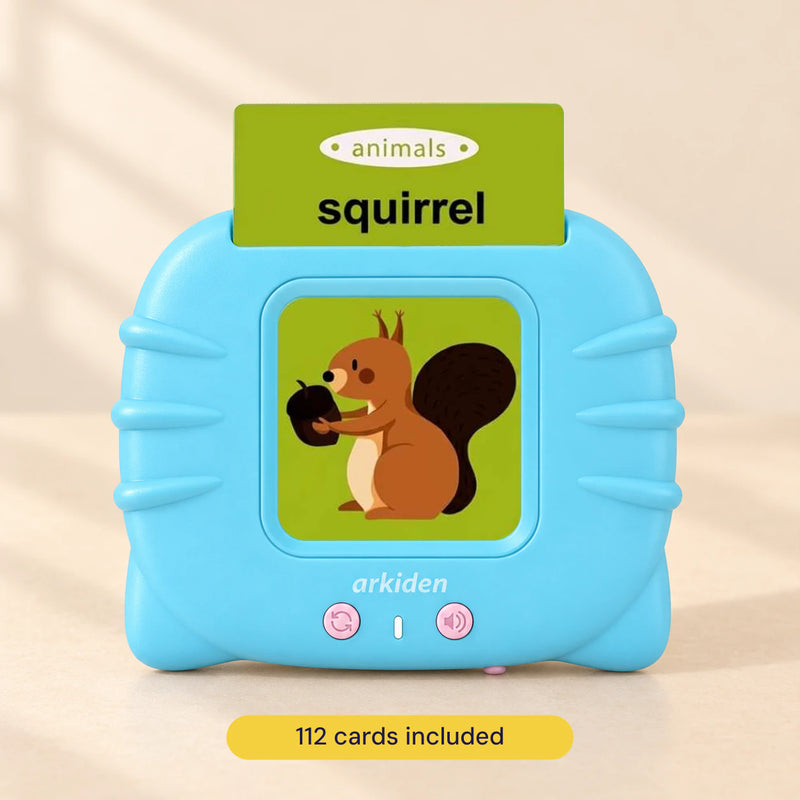Blue talking flashcard reader showing the original animals squirrel card, with 112 cards included.