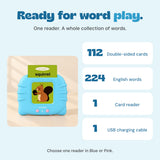 Included items: one card reader, 112 double-sided cards with 224 English words, and one USB charging cable.