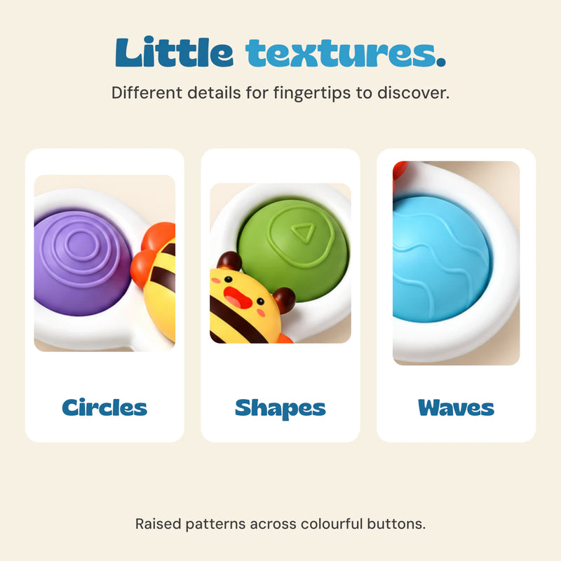 Close details show concentric circles, a triangle shape and wavy lines on the spinner buttons.